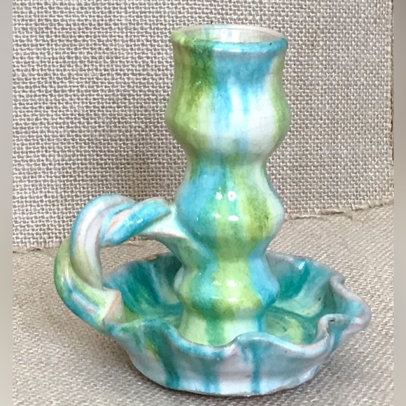 Williamsburg Pottery Blue Green Twist Chamberstick Candle Holder Boho Spring - Picture 1 of 8